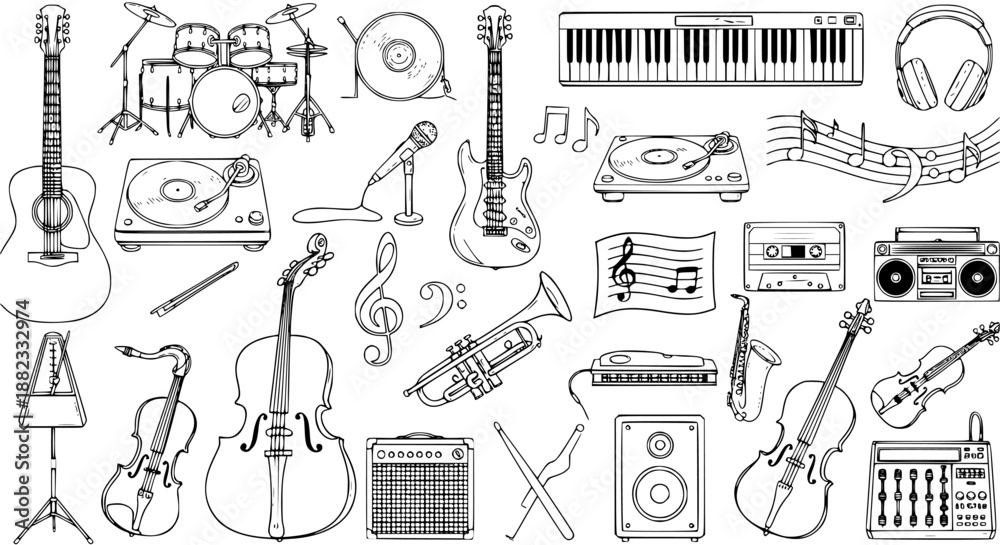 Fototapeta premium Music Industry Black and White Line Art Set of Hand-Drawn Musical Instruments, Audio Equipment, and Sound Elements Doodles for Concerts, Education Design