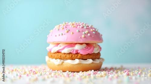 Stacked pink dessert burger with multiple cake layers and cream filling, studio lighting, pastel background, indulgent dessert concept