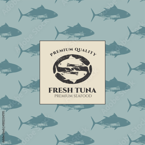 Vector banner with inscription fresh tuna on background of seamless pattern with sea fish. Seafood. Logo, menu, label for restaurant, cafe. Sign Board for fish market, store. Canned food and label pac