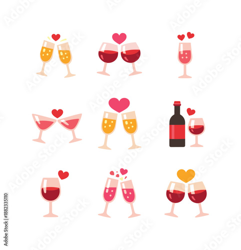 Celebration drinks flat icon set. featuring wine, champagne, bubbly, love toast, and sparkling bottle symbols