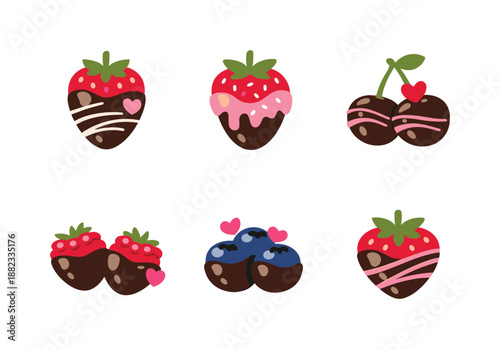 Desserts flat icon set. featuring chocolate strawberry, dipped fruit, cherry, raspberry, blueberry symbols