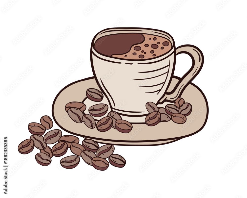Obraz premium A doodle sketch of a cup of coffee with roasted beans on a saucer. Ideal for cafe menus, blog posts, packaging, and general coffee related marketing materials.