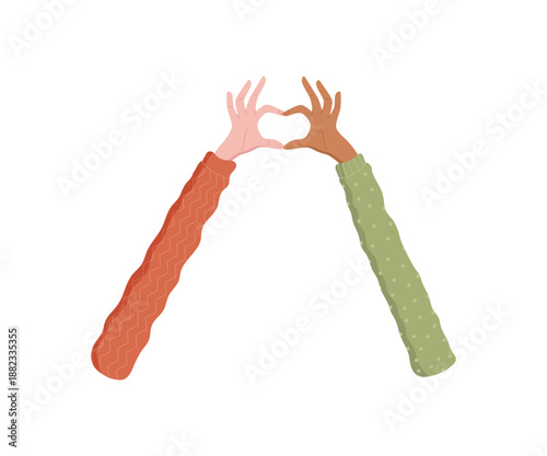 Flat cartoon graphic style diverse hands create a heart shape. Community and love symbol with connection and solidarity. Gesture of friendship support in colorful minimal design.