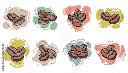 A set of eight colorful vector icons featuring hand drawn roasted coffee beans on abstract pastel shape backgrounds with line art details. Ideal for cafe branding, social media highlights, menus.