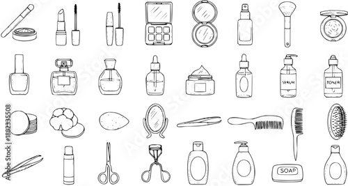 Hand-drawn Black and White Line Art Doodle of Beauty and Cosmetic Products Collection. Outline Illustration of Makeup Tools, Skincare, and Personal Care Items.