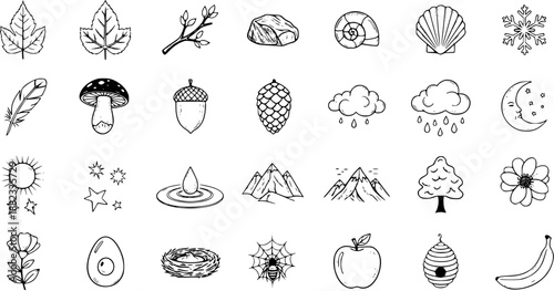 Hand-drawn Nature Elements Line Art Icons Collection. Black  White Doodle Graphics Set for Outdoors, Weather, Plants, Animals, Ecology, and Environment.