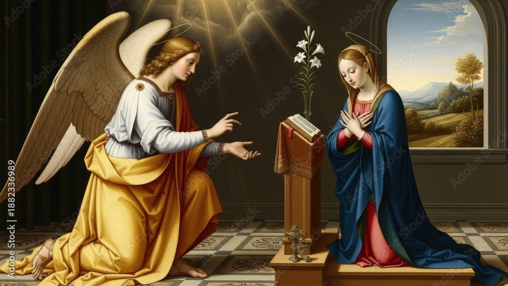 Naklejka premium The pivotal Annunciation event depicts Archangel Gabriel delivering a sacred message to the Virgin Mary, prophesying her destiny as the mother of Jesus Christ, mankind's Redeemer