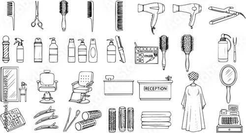 Black and White Line Art Vector of Hair Salon Equipment and Tools