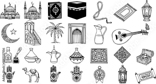 Hand-Drawn Black and White Line Art Icons Set of Islamic Culture and Religion. Featuring Mosques, Kaaba, Quran, Lanterns, and Middle Eastern Symbols for Ramadan.