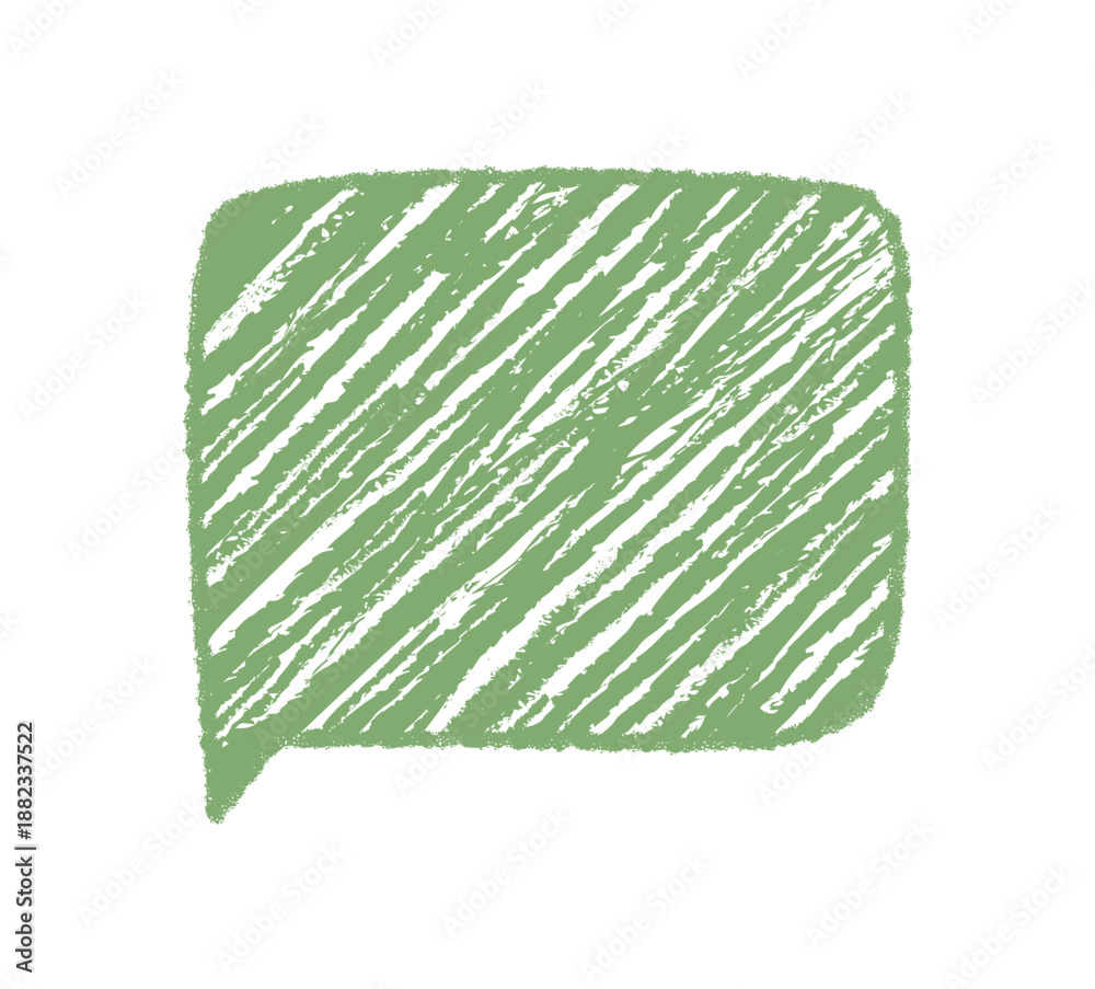 Fototapeta premium Green chalk sketch organic speech bubble with diagonal strokes. Rectangle chat box for text and message. Hand drawn comment icon, abstract graphic element, modern communication symbol.