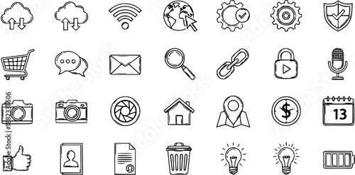Technology and Communication Icons Set: Line Art for Digital and Web Design