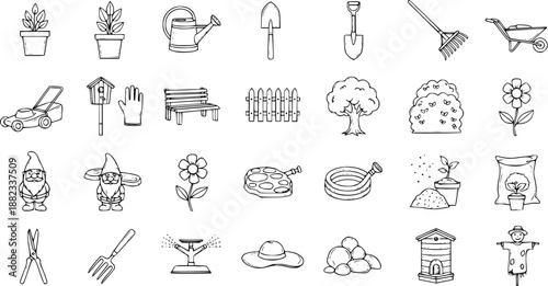 Black and White Line Art Icons of Gardening Tools and Elements for a Garden Theme