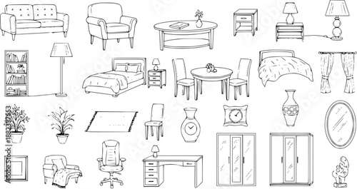 Black and White Line Art Sketch of Various Furniture Items for Home Interior Design