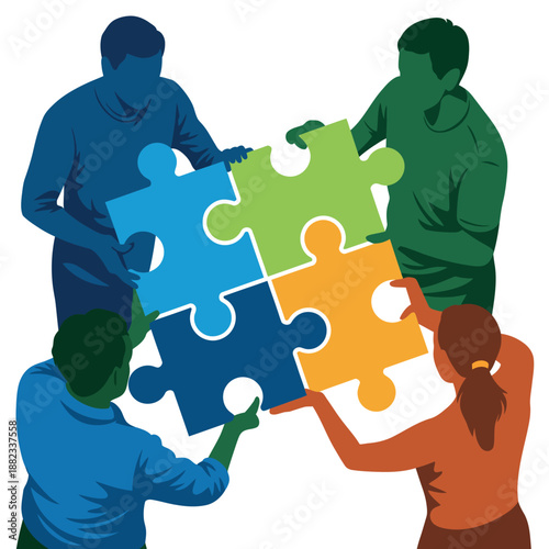 A team of people connects four puzzle pieces to form a larger whole.