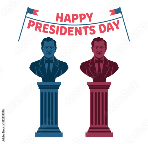 Happy Presidents Day illustration with two presidential busts on pedestals.