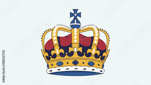 Regal golden crown with red velvet and jewels.