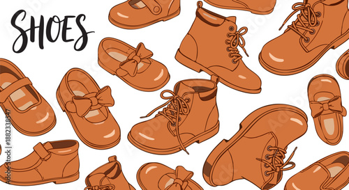 Collection of various vintage style children's shoes and boots illustrated in a repeating pattern on white background. on white background