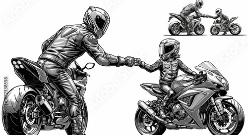 Two motorcyclists wearing full protective gear give each other a fist bump while seated upon their sport bikes on white background