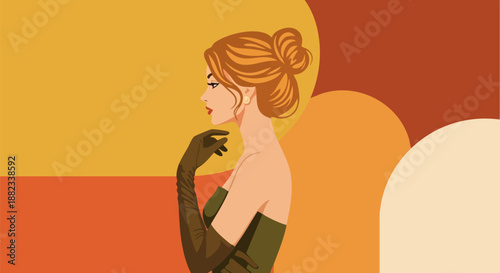 Elegant woman with sophisticated hairstyle and long opera gloves showing thoughtful composure on white background