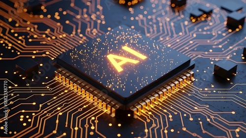 AI Microchip on Dark Circuit Board with Glowing Orange Lines