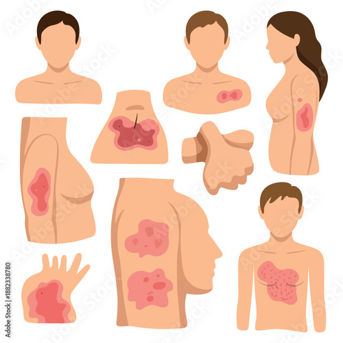 Illustrations of human skin conditions and dermatological ailments are depicted.