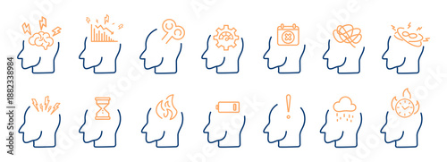 Line icon collection showing human mental load, emotional imbalance and productivity challenges. Abstract head symbols with stress indicators. Simple monochrome vector set for UI, web, print.