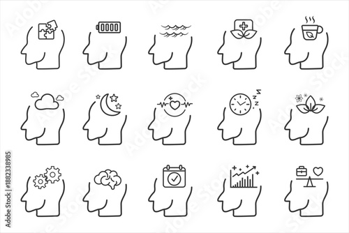 Line icon set representing mental recovery, wellbeing and healthy balance. Human head symbols with rest, calm, productivity and self care concepts. 