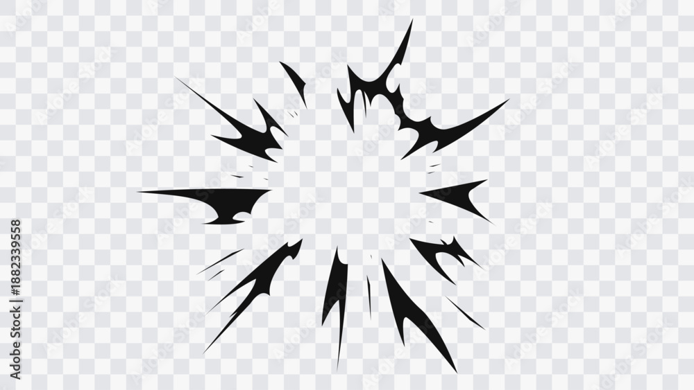 Fototapeta premium Comic style radial impact burst effect. Black manga speed lines explosion isolated on transparent background. Dynamic anime action element for fight scenes, sound effects, posters and graphic design.