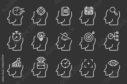 Focus and concentration concept vector icon set. Outline human head silhouettes with symbols of attention, productivity, time management, goal achievement and deep work. 