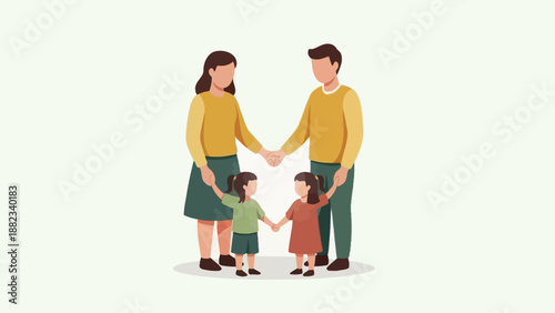 Happy family with two children holding hands together.