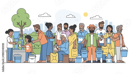 Diverse group of people collecting water from a communal well.