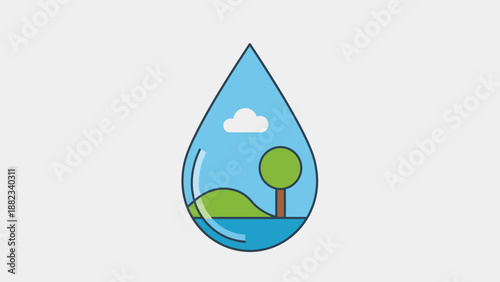 Water drop with natural landscape inside symbolizing environmental conservation.