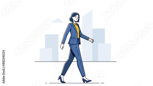 Confident businesswoman walking with purpose and determination.