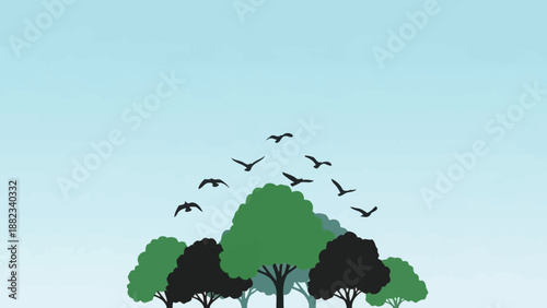 Flock of birds flying above a cluster of trees in a natural setting.