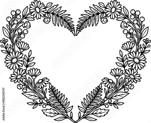 Heart Wreath - Floral Heart Shape Valentine's Day Botanical Frame Vector