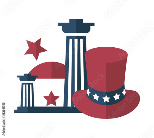 American patriotic symbols including stars, pillars, and a top hat are depicted in this illustration.