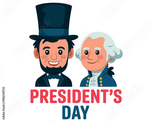Presidents Day features an illustration of Abraham Lincoln and George Washington.