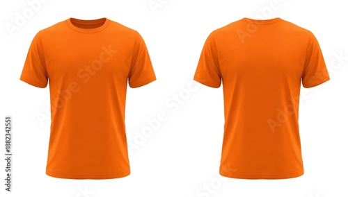 Orange t-shirt mock up, front and back view, isolated. Plain orange shirt mockup. Tshirt design template. Blank tee for print