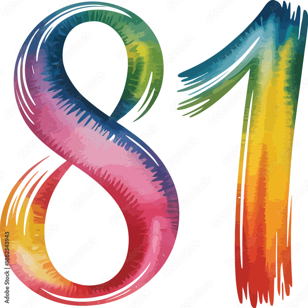 Fototapeta premium A colorful illustration of the number eighty-one in a vibrant, rainbow-colored font.