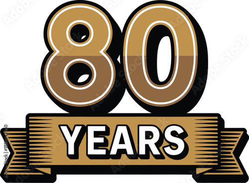 A graphic design celebrating eighty years with a gold and white logo