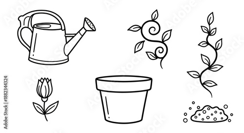 Hand drawn collection of gardening elements and plants.