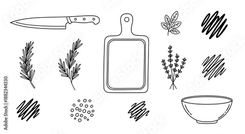 Hand drawn collection of kitchen utensils and herbs.