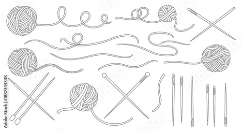 Hand drawn collection of knitting and crochet supplies.