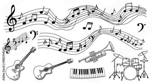 Hand drawn collection of musical instruments and notes.