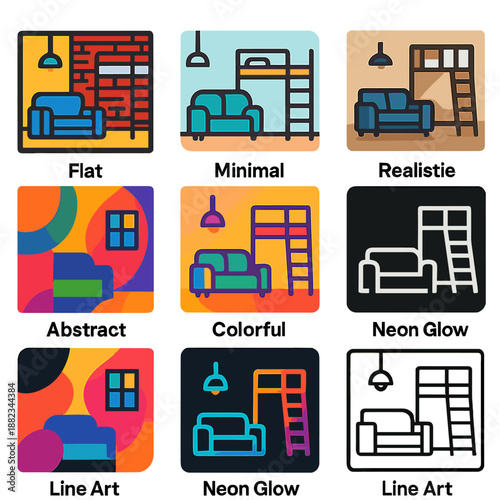 Diverse sofa and bunk bed icons in various artistic styles and colors