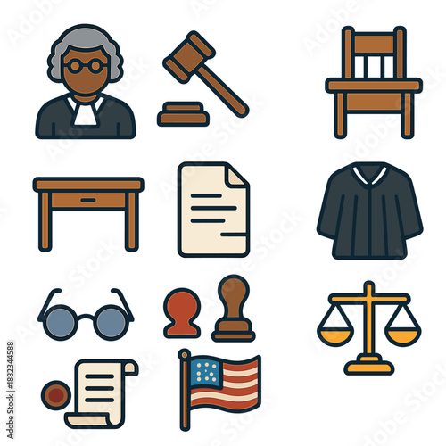 Legal and judiciary icons set featuring judge, gavel, and american flag