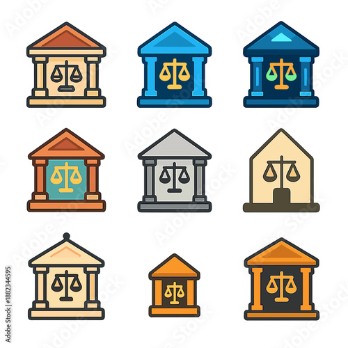 Colorful judicial building icons with scales of justice
