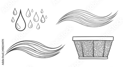 Hand drawn illustration of water drops and wavy lines with a basket.