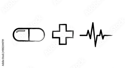 Hand drawn medical icons with a pill plus sign and heartbeat line.