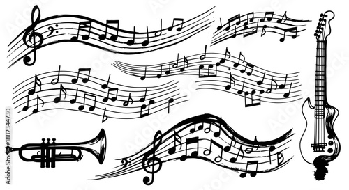 Hand drawn musical notes and instruments illustration set.
